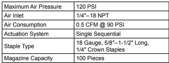 BANKS 64156 1 4-Inch 18 Gauge Crown Stapler Owner’s Manual - Specifications