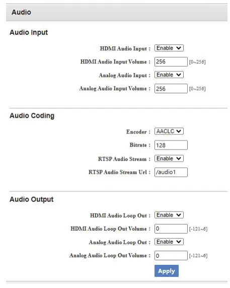SIIG H.265 IPTV Encoder with Loopout User Manual - Audio setting