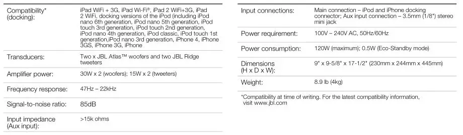 JBL OnBeat Xtreme -Specifications