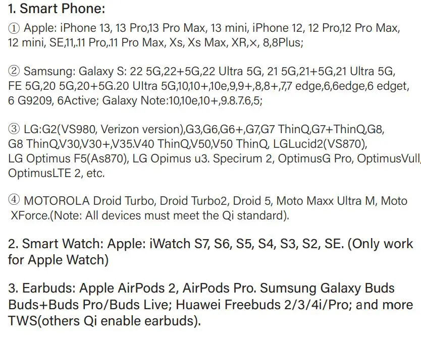Shenzhen Tenghuiyuan Electronics S01-3 Wireless Charger User Manual - Applicable Devices