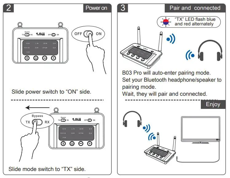 1Mii B03 Pro Transmitter Receiver User Guide - Power on,Pair and connected 2,3