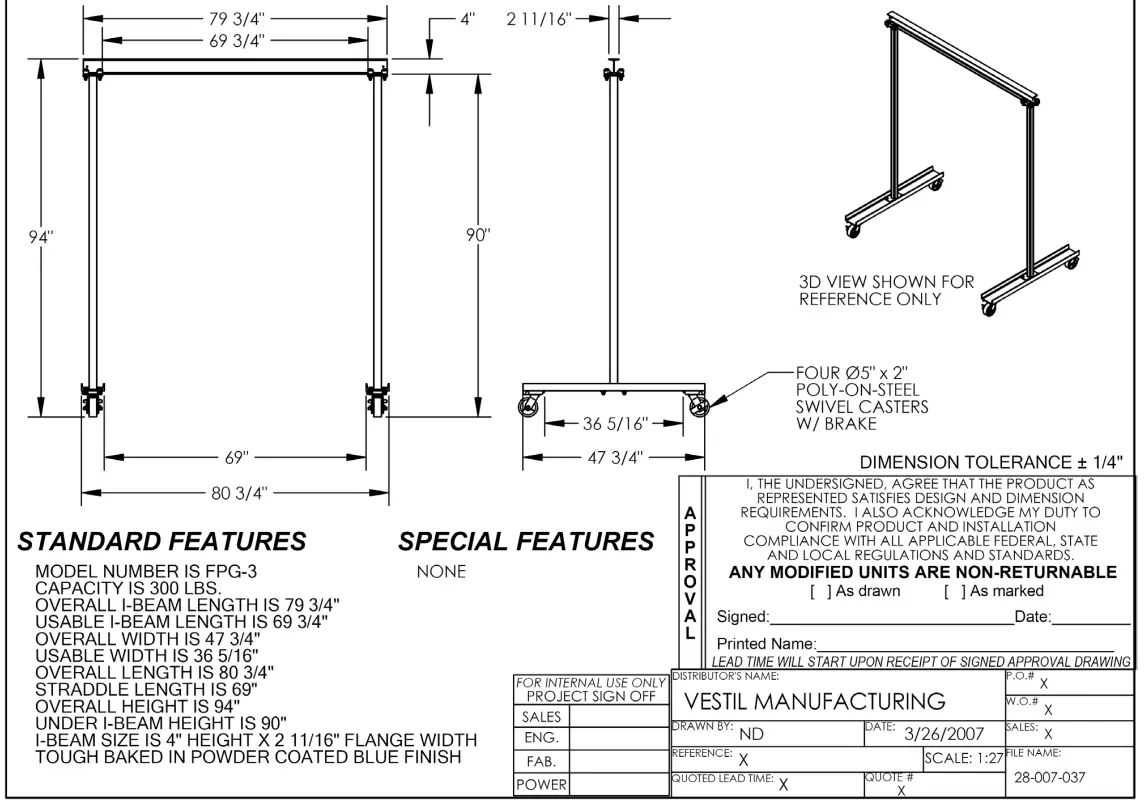Vestil FPG-3 Work Area Portable Steel Gantry Cranes - Fig 1