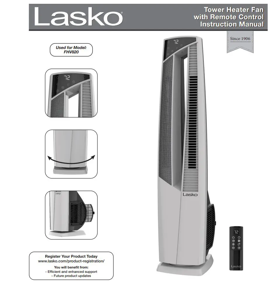 Lasko FHV820 Tower Heater Fan with Remote Control Instruction Manual