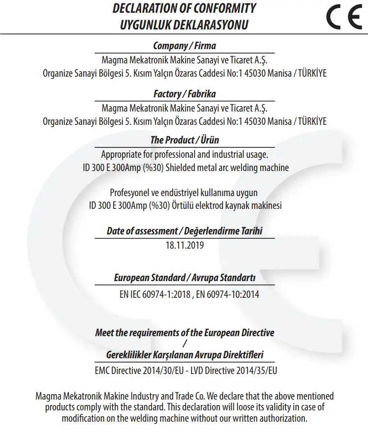 Magmaweld ID 300 E DC Inverter Arc Welding Machine User Manual - CE icon