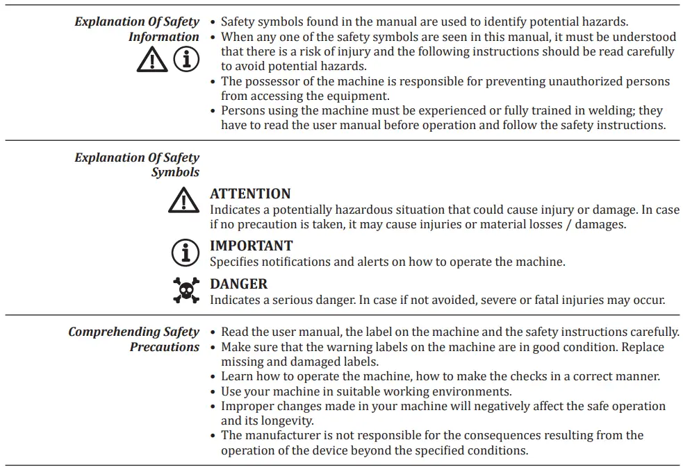 Magmaweld ID 300 E DC Inverter Arc Welding Machine User Manual - SAFETY PRECAUTIONS