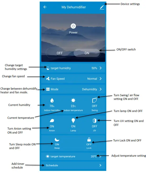 Goldair 10L Dehumidifier with WiFi - Dehumidifier operation screen