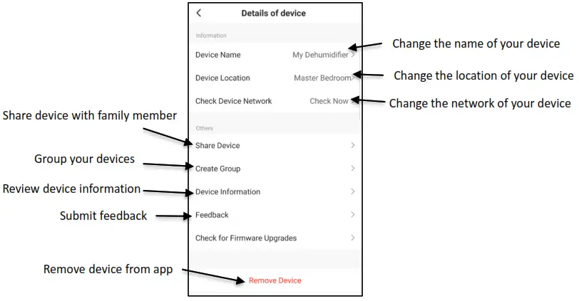 Goldair 10L Dehumidifier with WiFi - Device settings