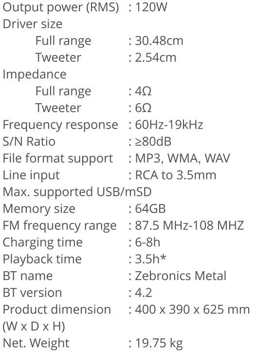 ZEBRONICS Monster Pro 2X12L1 Metal Trolley DJ Speaker - Specification