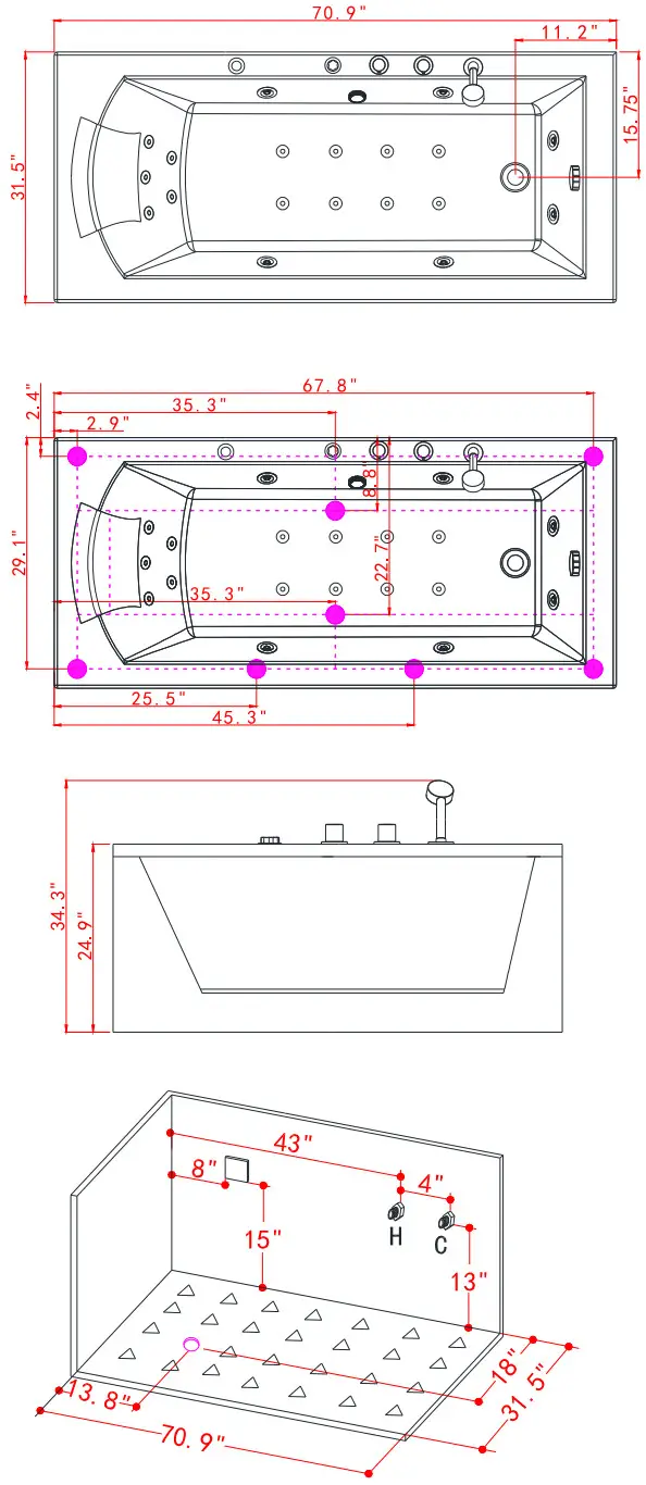 ARIEL PW1547032LW1 Platinum 59 Inch Two Wall Acrylic Whirlpool Tub - Cutout Location 1