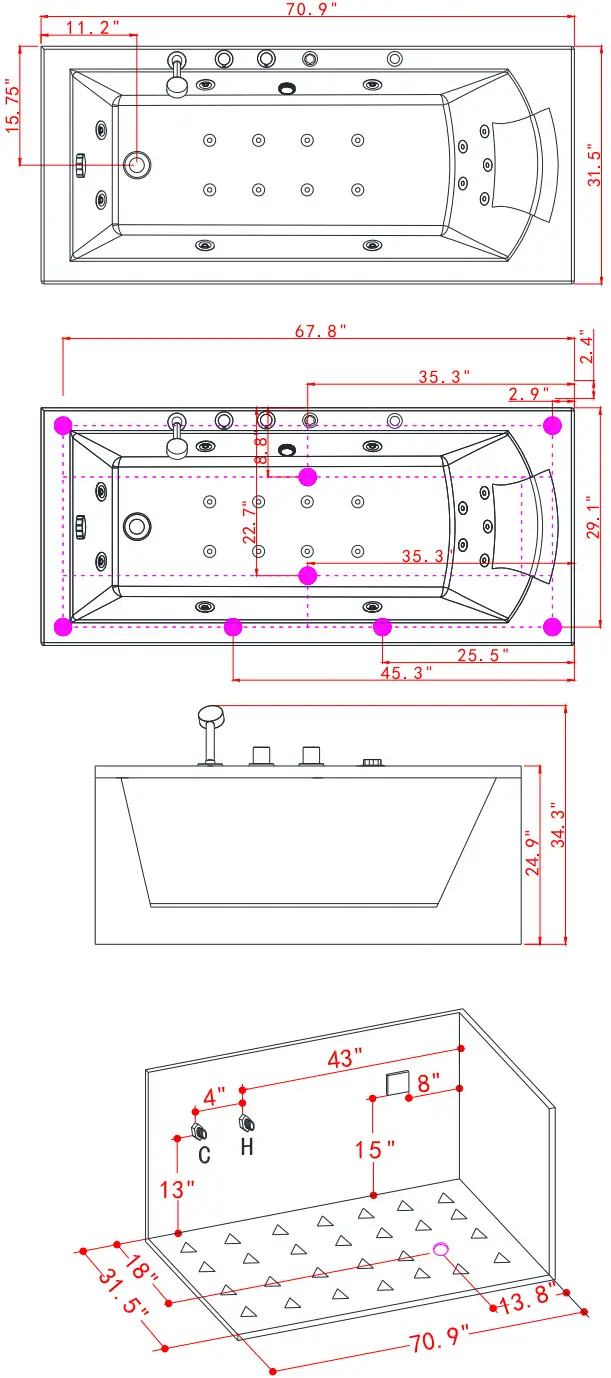 ARIEL PW1547032LW1 Platinum 59 Inch Two Wall Acrylic Whirlpool Tub - Cutout Location
