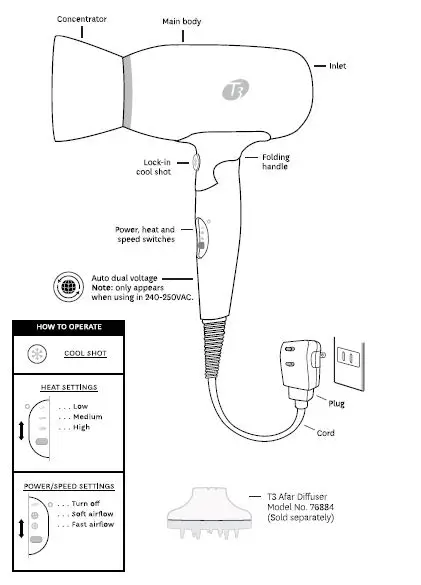 T3 76895 Afar Travel Hair Dryer with Folding Handle 3