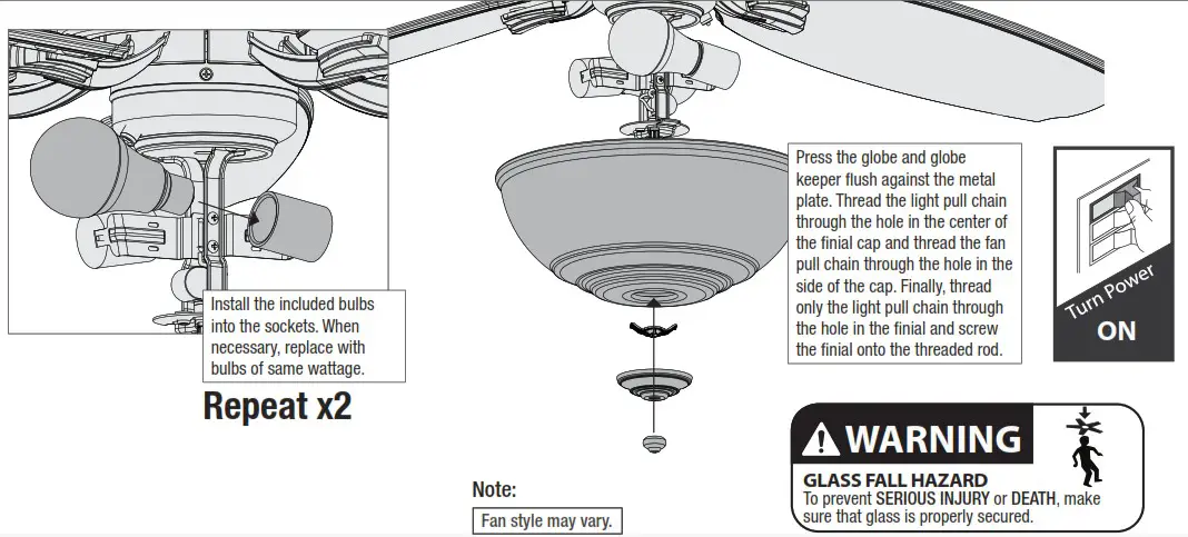 Hunter 53310 Newsome Light 52 Inch Ceiling Fan - Installing the Bulbs and Glass