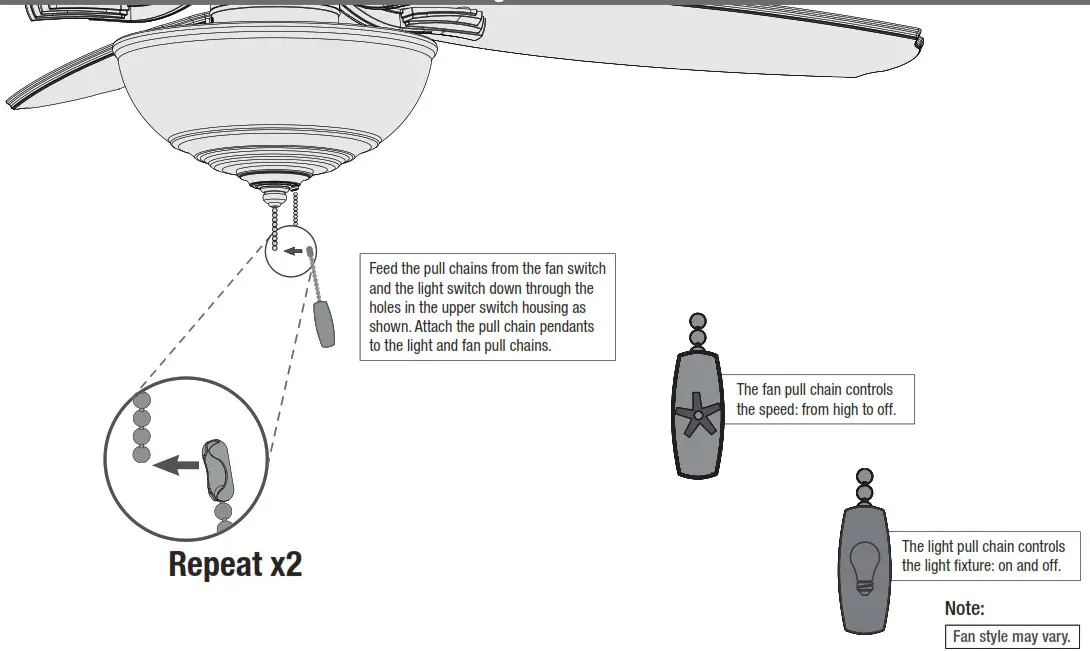 Hunter 53310 Newsome Light 52 Inch Ceiling Fan - Installing the Pull Chains