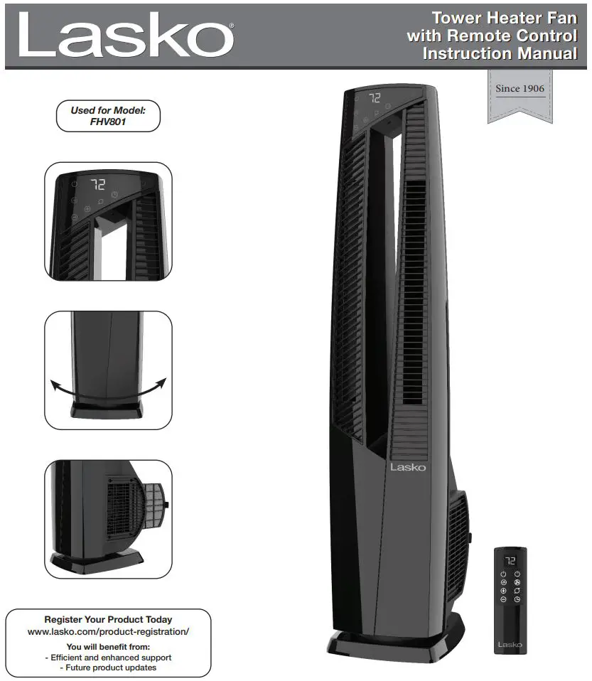 Lasko FHV801 Tower Heater Fan with Remote Control Instruction Manual