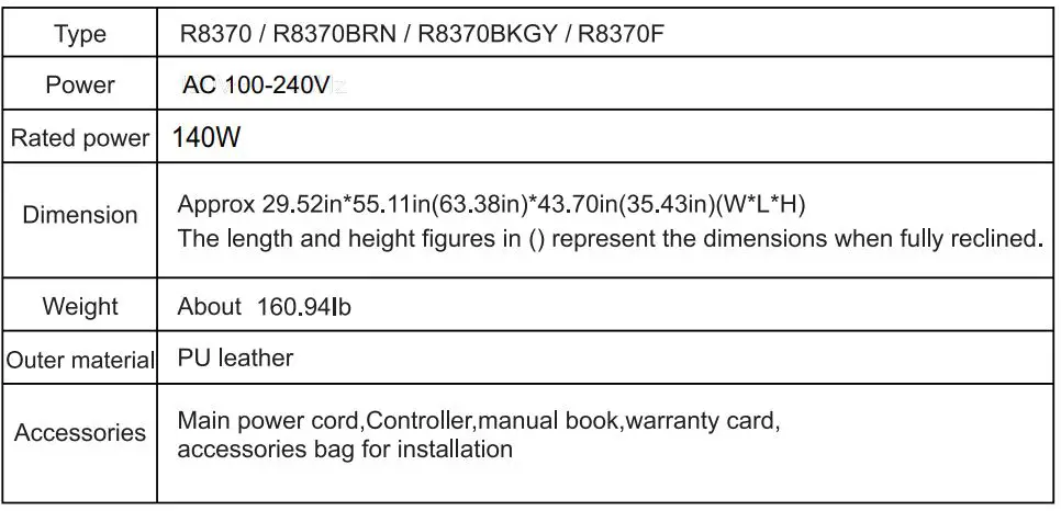 Lifesmart R8370 3D Zero Gravity Massage Chair with Bluetooth Speaker and Body Scan Instruction Manual - Product Specification