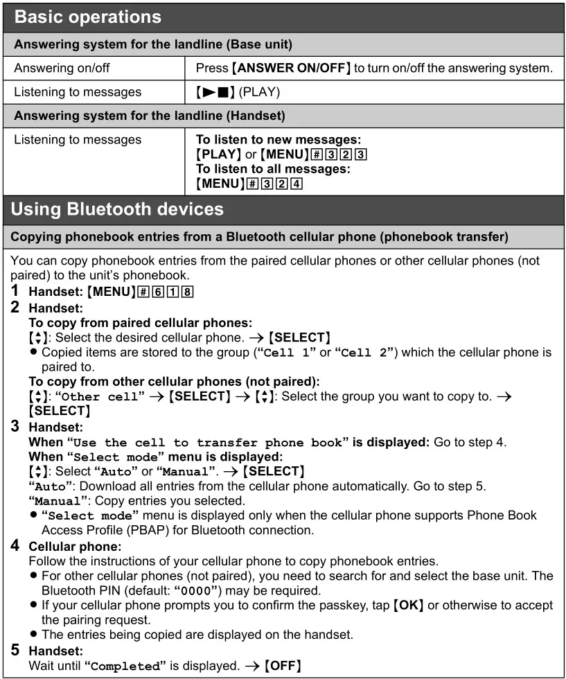 Panasonic cell bluetooth cordless phone - Basic operations & Using Bluetooth devices