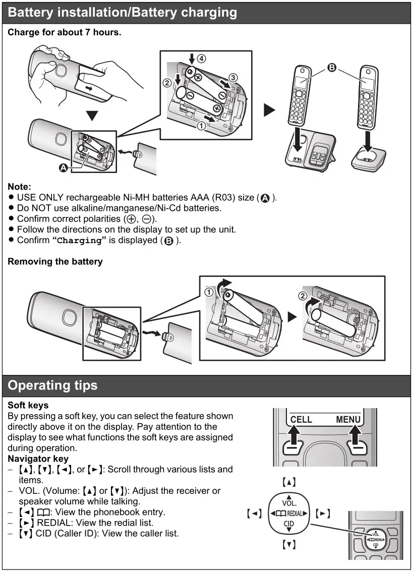 Panasonic cell bluetooth cordless phone - Battery installation & Operating tips