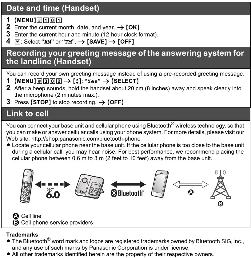 Panasonic cell bluetooth cordless phone - Date and time, Recording your greeting message & Link to cell