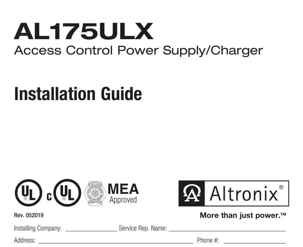 Altronix AL175ULX Access Control Power Supply and Charger Installation Guide
