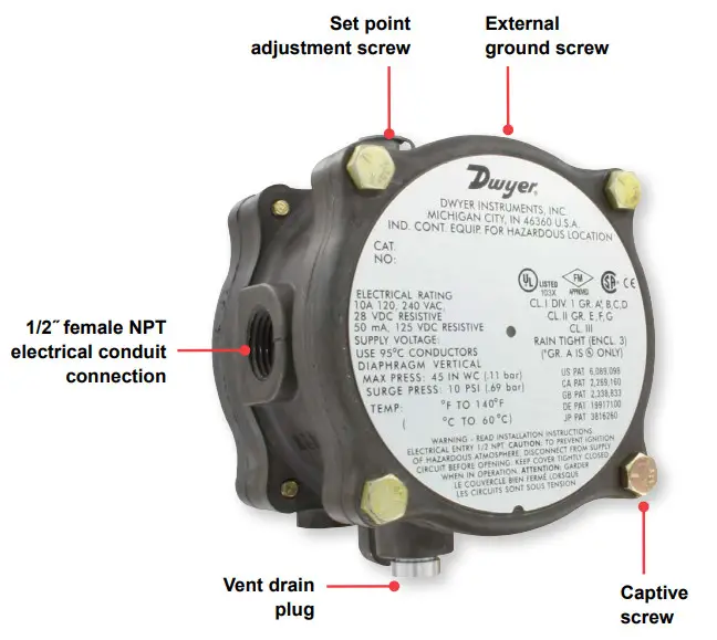 Dwyer E 57G Series 1950G Integral Explosion-Proof Pressure Switches