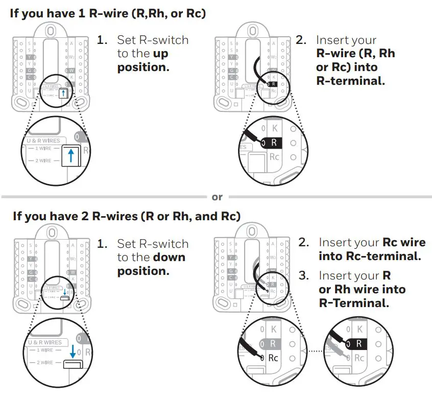 Honeywell RTH7500 7-Day Programmable Thermostat Installation Guide - Set R-switch position and insert R-wire or wires