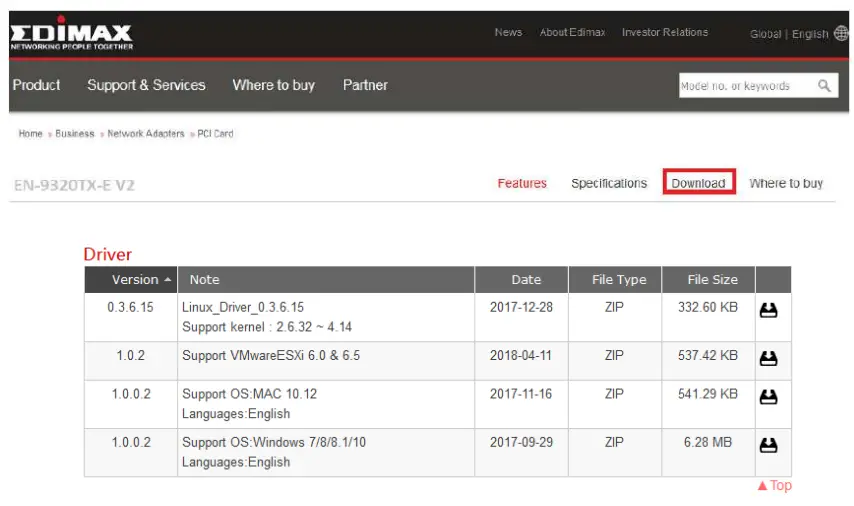 EDiMAX EN-9320TX-E V2 10 Gigabit Ethernet PCI Express Server Adapter - download button