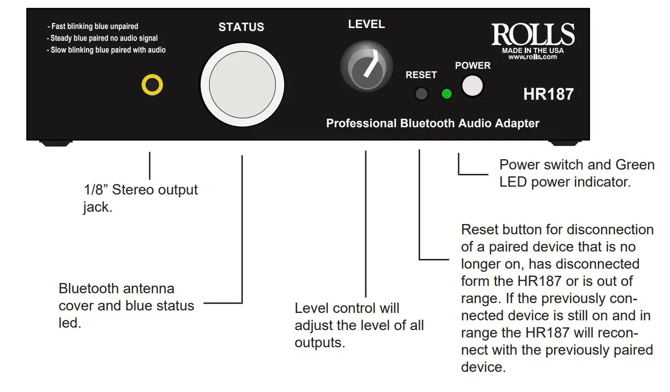 ROLLS Professional Bluetooth Audio Adapter HR187 User Guide - Product Overview