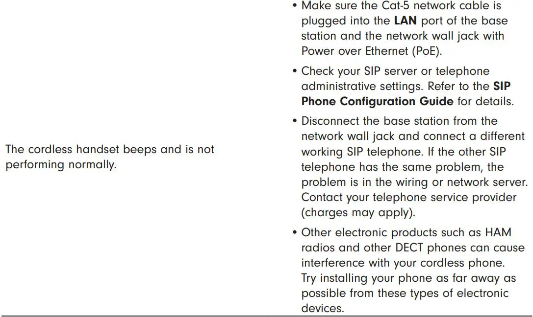 vtech CTM-S2116 SIP 1-Line Hidden Base with Cordless Color Handset and Charger User Guide - Troubleshooting