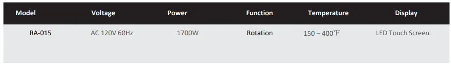 deco chef DCAIRD12BLK 12.7QT Digital Air Fryer Oven, with 3 Racks Instruction Manual - Unit Specifications