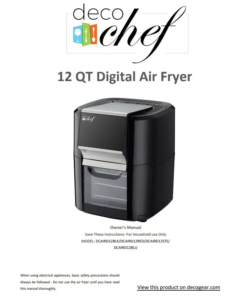 deco chef DCAIRD12BLK 12.7QT Digital Air Fryer Oven, with 3 Racks Instruction Manual