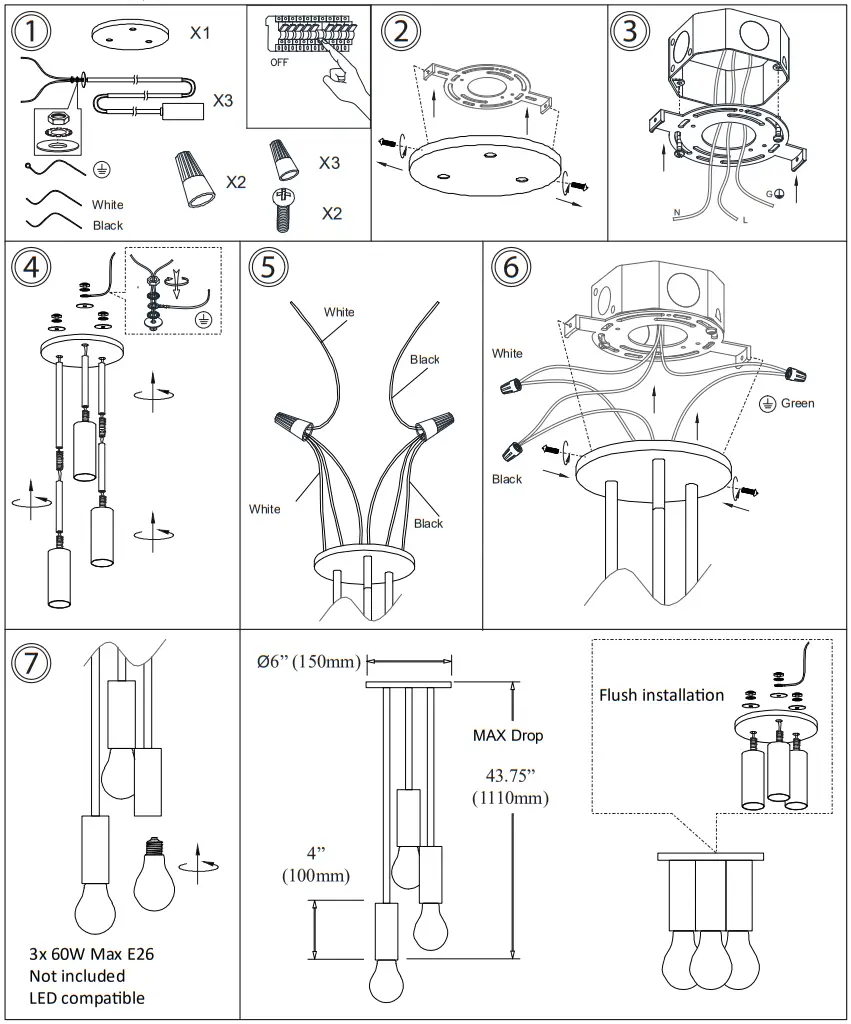 Dainolite ADS 63P Adams 3 Light Polished Chrome Modern Contemporary Cylinder Mini Pendant Light - Mounting