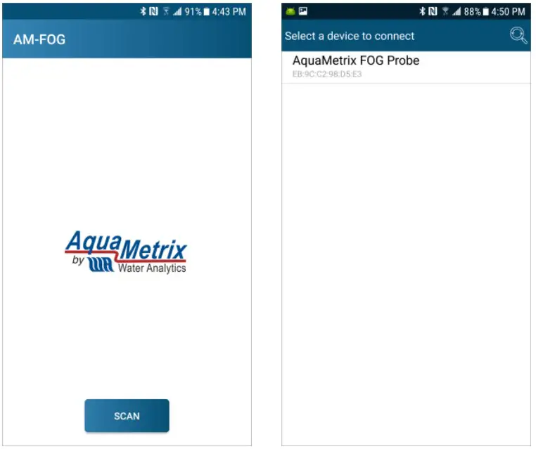 Getting Going
1. Turn on the probe by pressing the power
button. The green LED surrounding it will blink.
If nothing happens then it’s possible that the
battery came loose during shipment. If you
open the cover of the head enclosure you will
see the battery and its connector.
2. Launch the app. Just press the AM-FOG
Connect app icon.
3. Press the SCAN button on the bottom of the
initial screen. It and will search for the
Bluetooth signal from the probe.
4. Press Yes to grant permission to connect to the
probe. This allows your device to communicate
to the probe via Bluetooth (BLE). If the probe
does not connect after several minutes, it will
go to sleep and you will need to scan for the probe again.
5. When the app finds the probe, a new screen will display a line item containing the probe’s MAC
address. In the screenshot shown on the right the address is E8:9C:C2:98:D5:E3. Every probe has a
unique MAC address. A good practice is to write the address, or the last 4 characters, on the outside
of the probe.
6. If there is more than one probe powered on the screen will list all those probes.
7. Click on the probe from the list (likely the only probe on the list). You will see a circulating Connecting
icon. If the Connecting icon continues ad infinitum, then you waited too
long and the probe timed out. Just restart the connection process. If the
Connecting icon continues to spin, then the controller board in the head of
the probe has lost contact with the sensor boards in the probe. The likely
cause is that the ribbon cable that connects the controller board to the top
sensor board has disconnected.
Getting Going