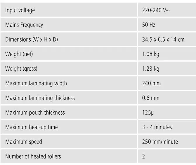 hama HOME amp OFFICE DIN A4 250 Laminator - Technical data