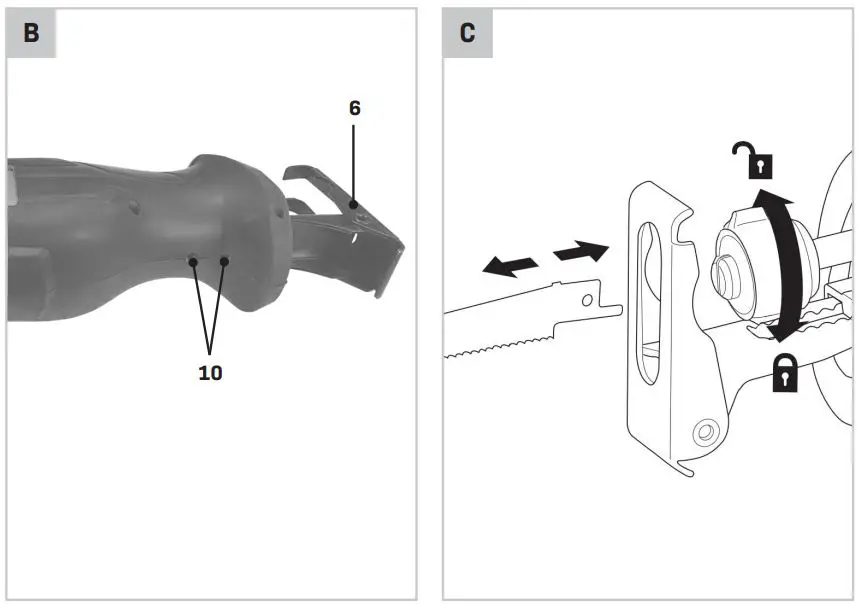 VONROC RS502AC Reciprocating Saw Instruction Manual - Fig B,C