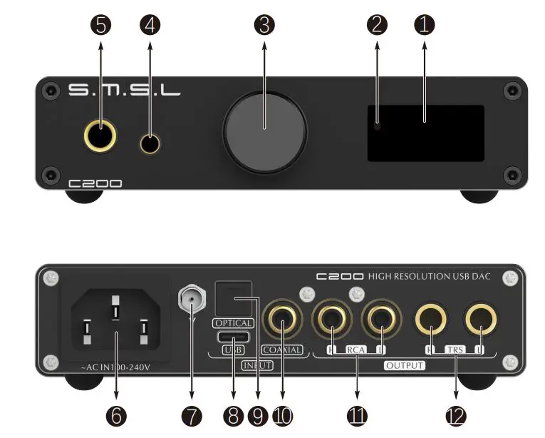 S M S L C2OO USB 1 2 BT 5.0 Coax Optical 2.6W Dac Amplifier User Manual - Display Interface and Instructions
