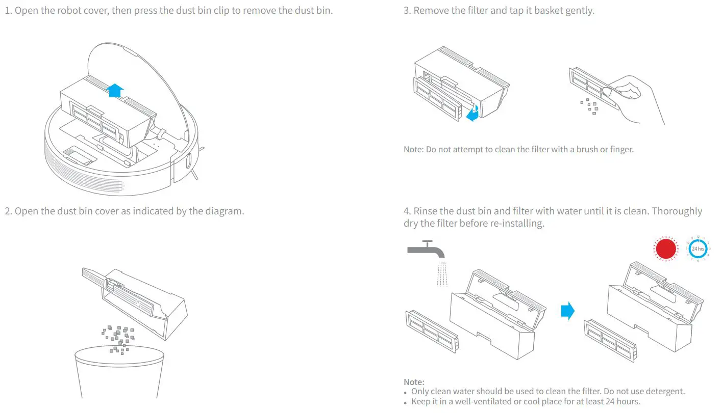 xiaomi Dreame D9 Robot Vacuum Cleaner User Manual - Clean the Dust Bin and Filter