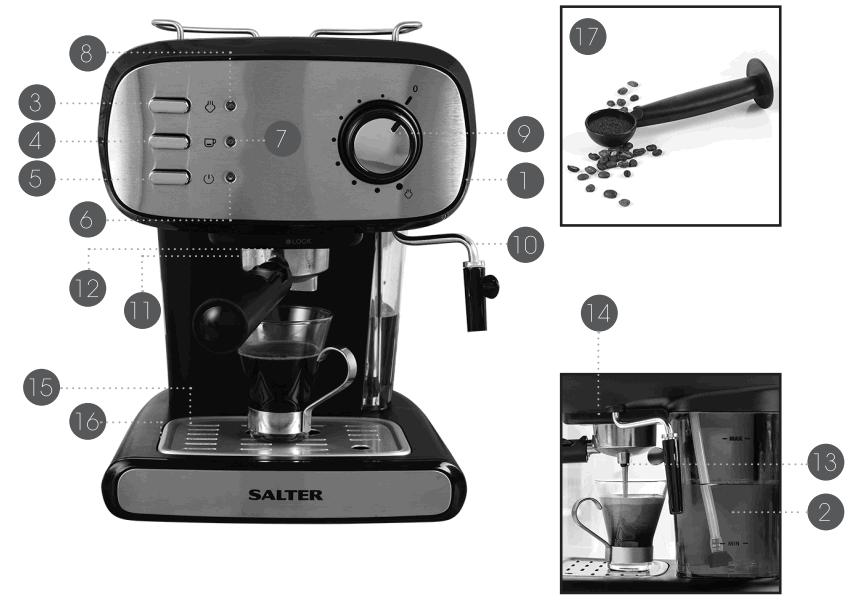 SALTER EK4369 Barista Pro Espresso Machine - description of Parts