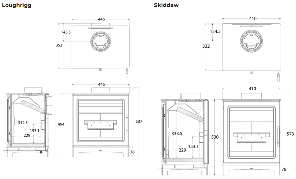 Mifires Skiddaw 49 kW Ecodesign Wood Burning Stove - Dimensions
