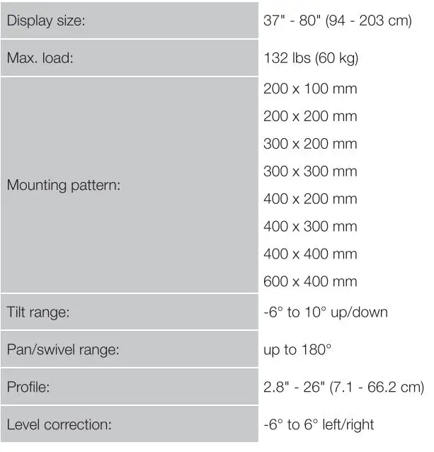 amazonbasics Longer Extension Dual Arm Full Motion TV Mount User Manual - Specifications