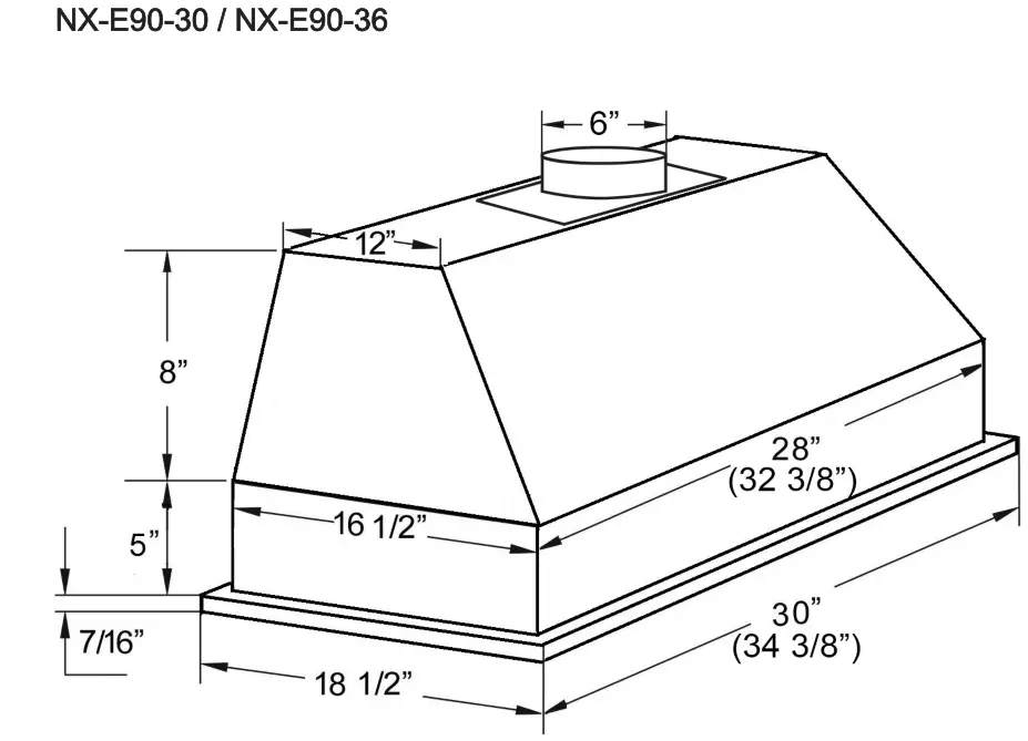 Nauxus NX E90 36 Akicon Range Hoods - Product Dimension