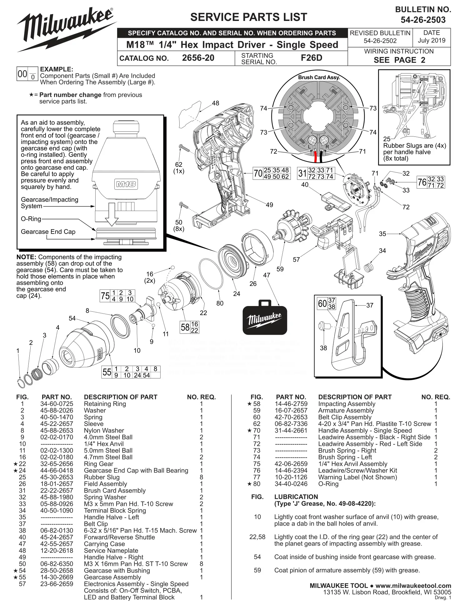 milwaukee 2656-20 M18 1 4in. Hex Impact Driver - SERVICE PARTS LIST