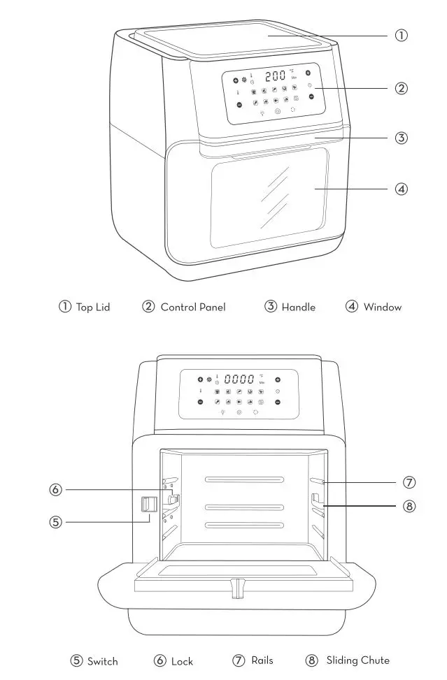 Crownful Air Fryer Oven User Manual - Product Diagram