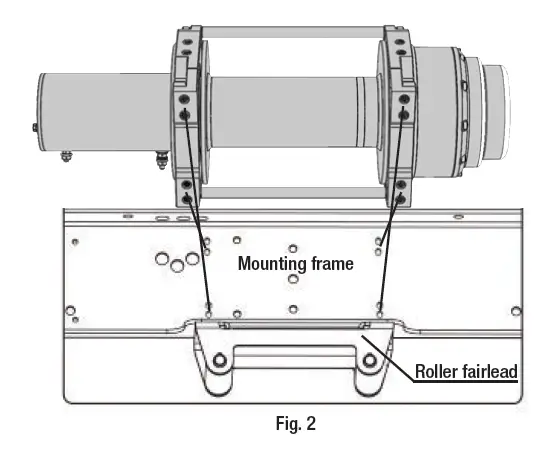 Before mounting fairlead, remove 1 horizontal and 1 vertical roller. They will be re-installed after winch is mounted. 5. Mount the winch to the mounting frame using bolts and nuts (Fig. 2). All eight M12 X 35 bolts must be used for proper installation.