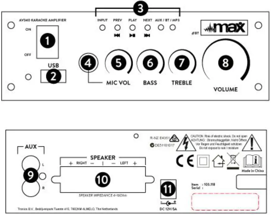 max MUSIC AV340 Karaoke Amplifier with Multimedia Player - switch
