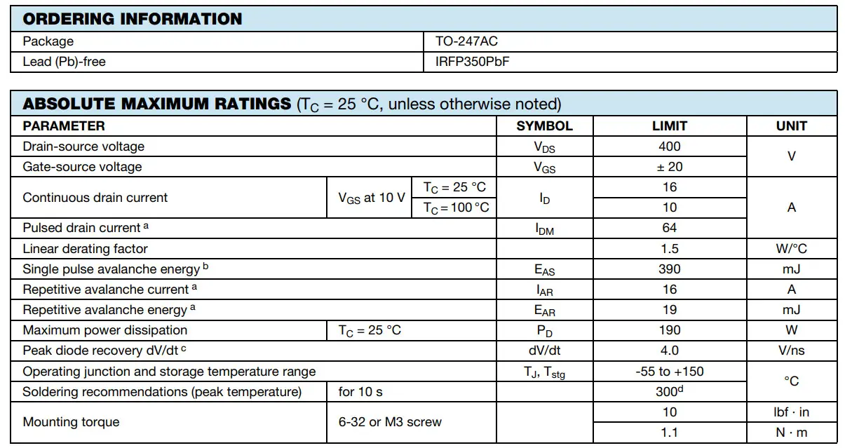 VISHAY IRFP350 Power MOSFET - tabil 2