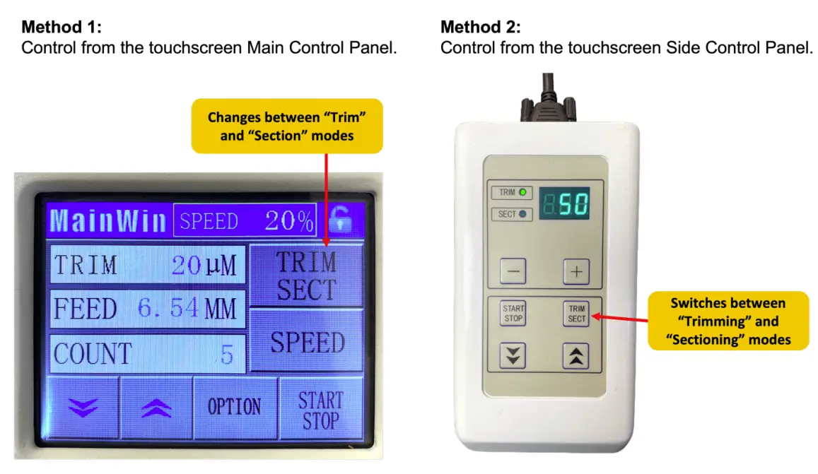 How to change between Trimming and Sectioning modes