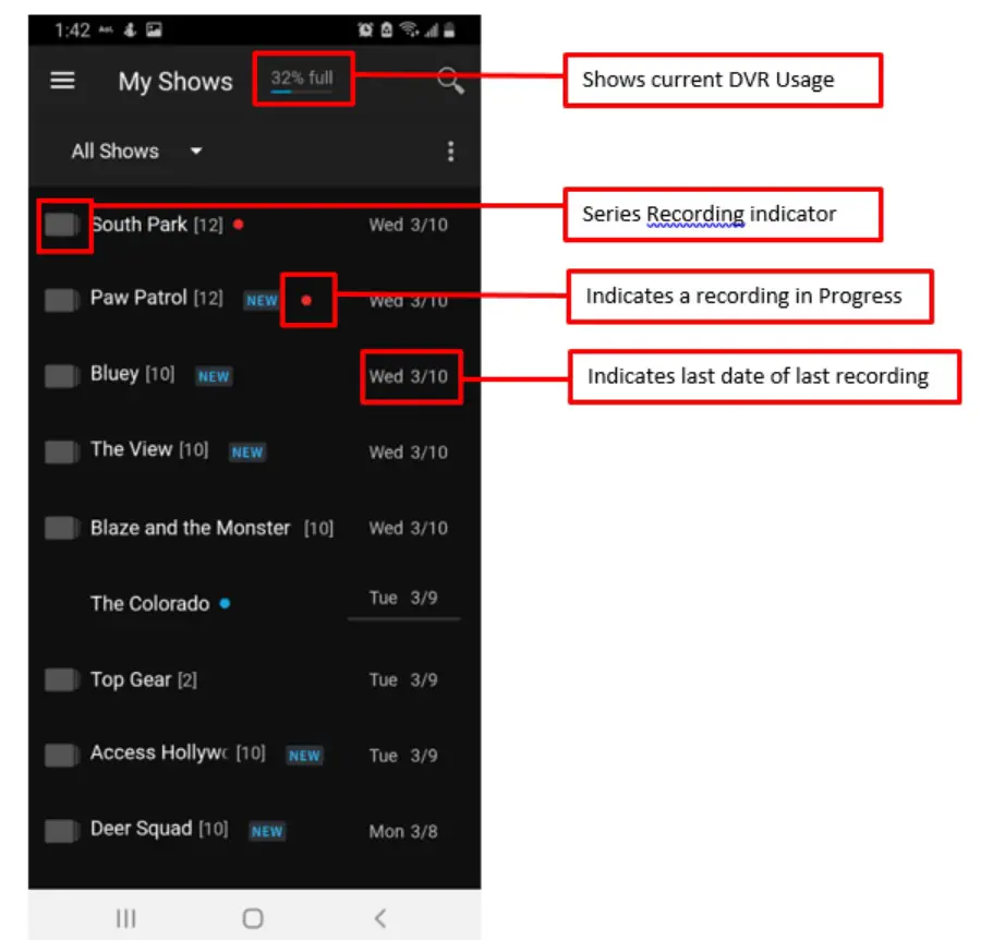 CinBell Fioptics Mobile Aapp - This list mirrors My Shows on your TiVo device