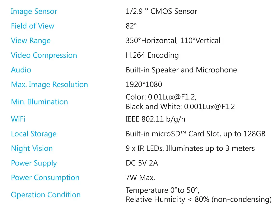 CHUANGO PT-300Q Indoor WiFi Pan Tilt Camera - Specifications