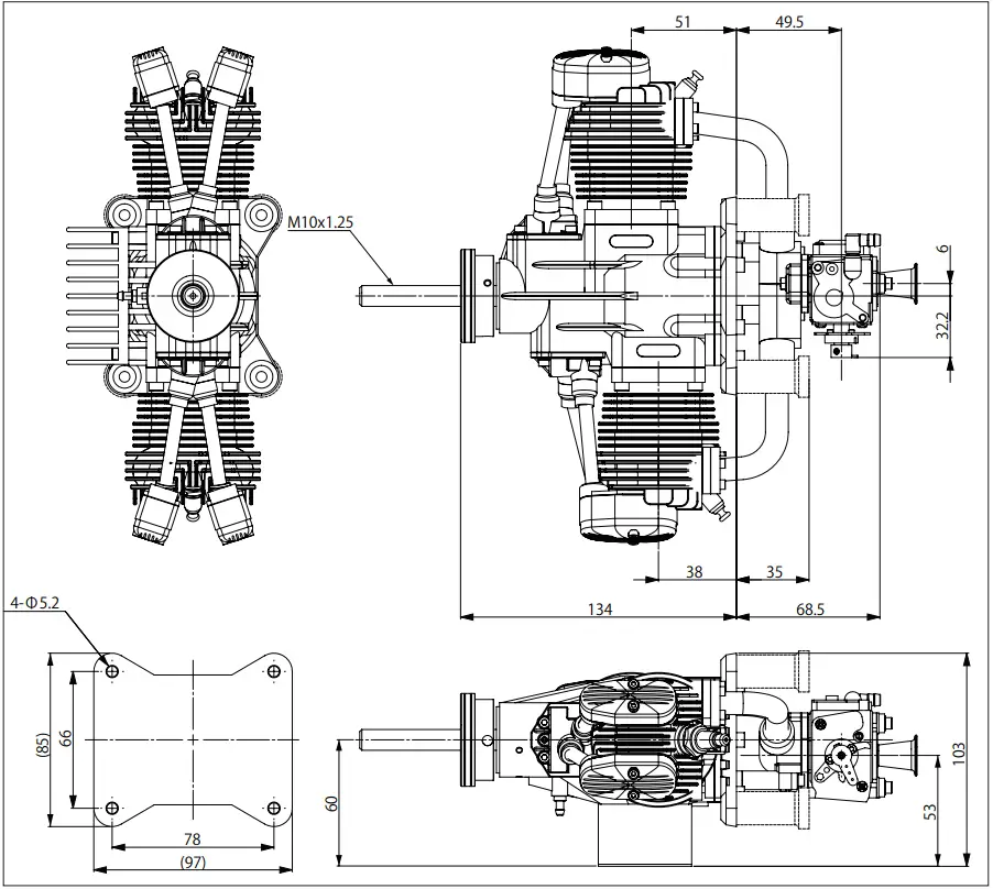 SAITO FG-57TS 4-Stroke Dimensions