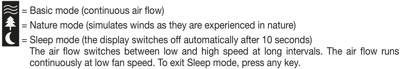 beurer LV 200 Portable Tower Fan - Selecting the mode